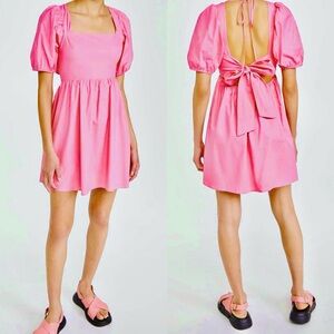 WAYF Tie Back Puff Sleeve Mini Dress Small Pink